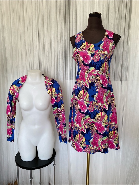 Handmade Dresses & Skirts - Handmade Tropical Floral A-Line Cotton Dress with Matching Bolero - Blue & Pink